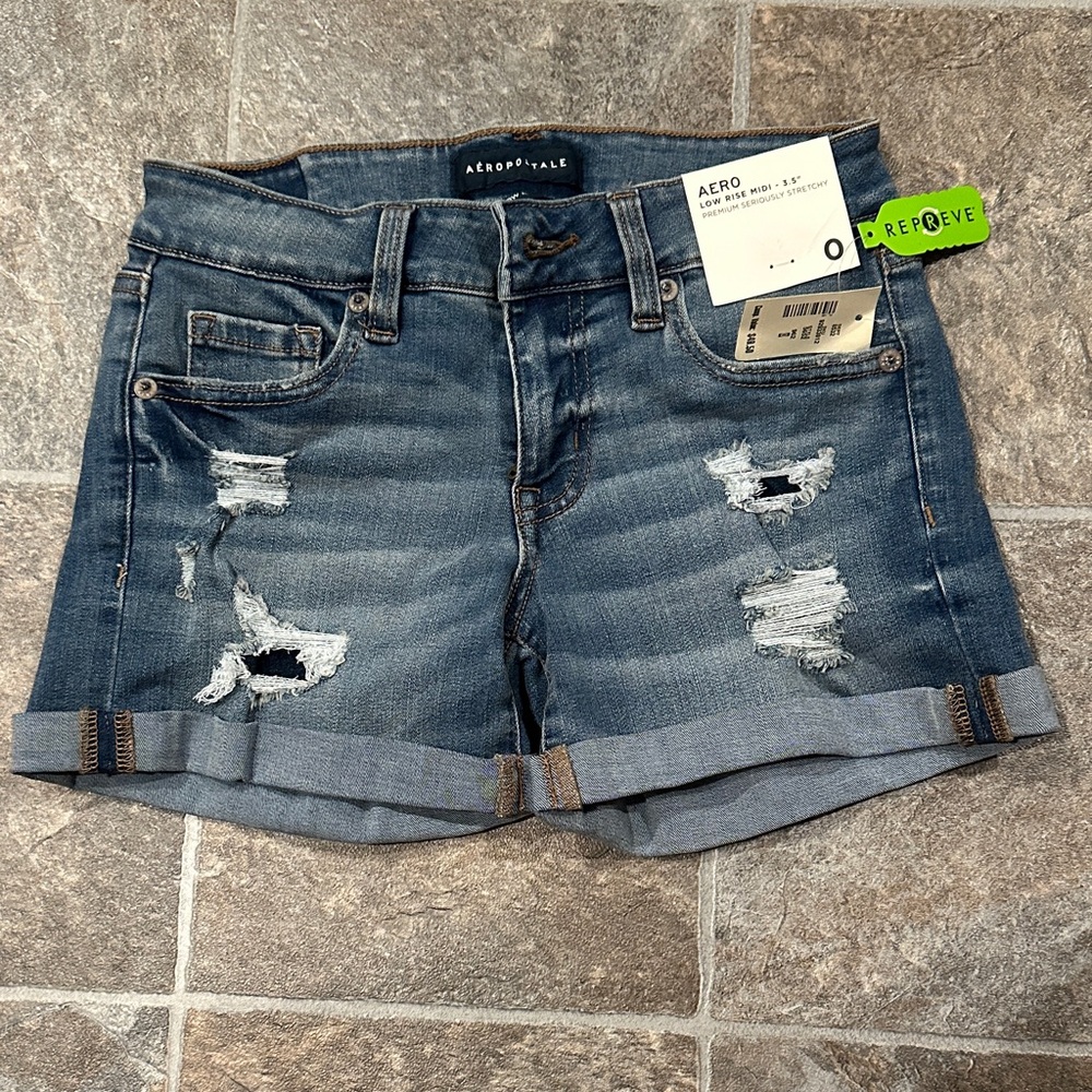 Aeropostale Women's Rolled Hem Distressed Jean Shorts - Blue